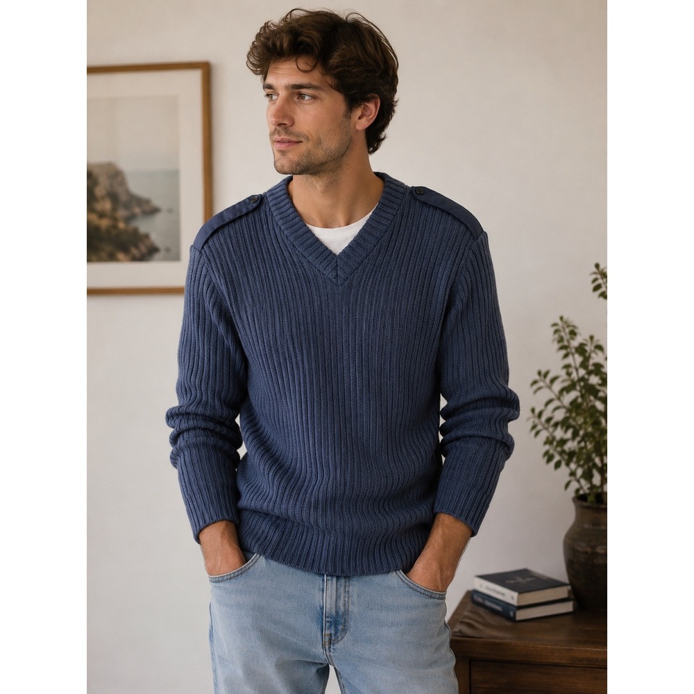 VTG‎ Citadel Blue Wool Commando Sweater V-Neck Military Ribbed Knit Men Large